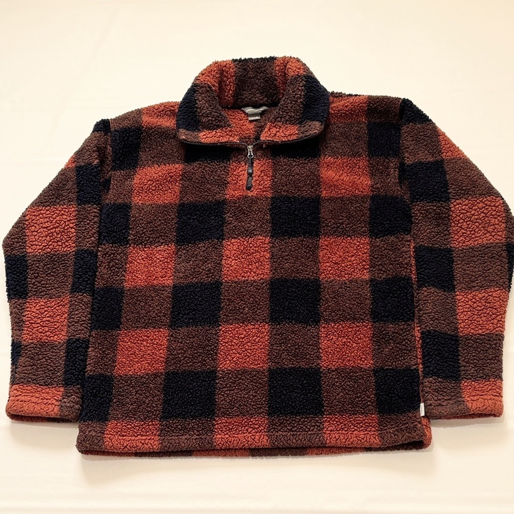 Eddie Bauer Pullover Faux Sherpa, Size M, Rust Navy Brown